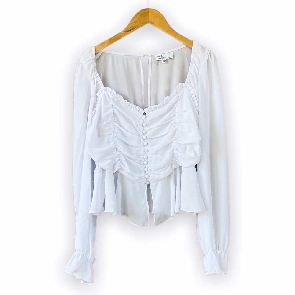 LONG SLEEVE CHIFFON CROP TOP WHITE SMALL